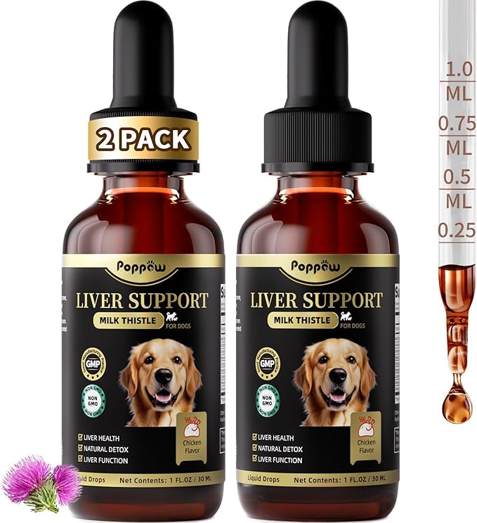 (2 Pack) Poppaw Milk Thistle for Dogs – 9-in-1 Liver &amp; Kidney Support with Artichoke, Resveratrol, Marigold Extract, 100% Natural Detox Herbal Supplement, Chicken Flavor, 2 Oz