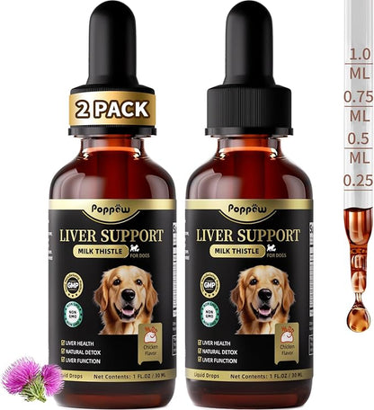 (2 Pack) Poppaw Milk Thistle for Dogs – 9-in-1 Liver &amp; Kidney Support with Artichoke, Resveratrol, Marigold Extract, 100% Natural Detox Herbal Supplement, Chicken Flavor, 2 Oz