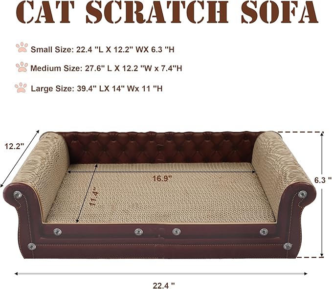 Scratching Sofa, Couch Shaped Thick Scratching Cardboard, Lounge Bed for Indoor Rest&amp;Play, Sofa Scratcher Pad (Brown, 22.4" L X 12.2" W X 6.3" H)