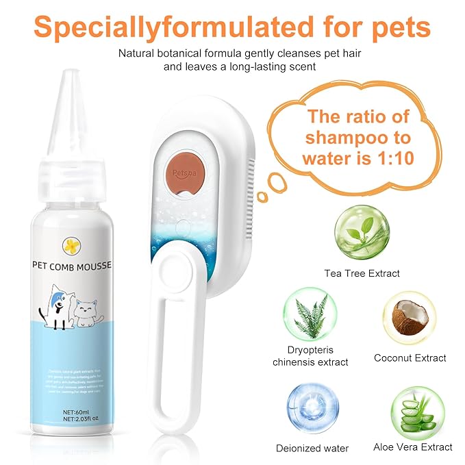 Steam Brush for Cat &amp; Dog – 3-in-1 Spritz Pet Spray Hair Removal Comb for Grooming &amp; Shedding Steam – Water Brush for Long &amp; Short Haired Pets– Includes Two Bottles Waterless Shampoo