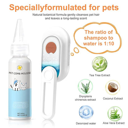Steam Brush for Cat &amp; Dog – 3-in-1 Spritz Pet Spray Hair Removal Comb for Grooming &amp; Shedding Steam – Water Brush for Long &amp; Short Haired Pets– Includes Two Bottles Waterless Shampoo