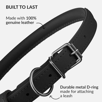 CollarDirect Rolled Leather Dog Collar, Soft Padded Round Puppy Collar, Handmade Genuine Leather Collar Dog Small Large Cat Collars 13 Colors (15-19 Inch, Black Smooth)