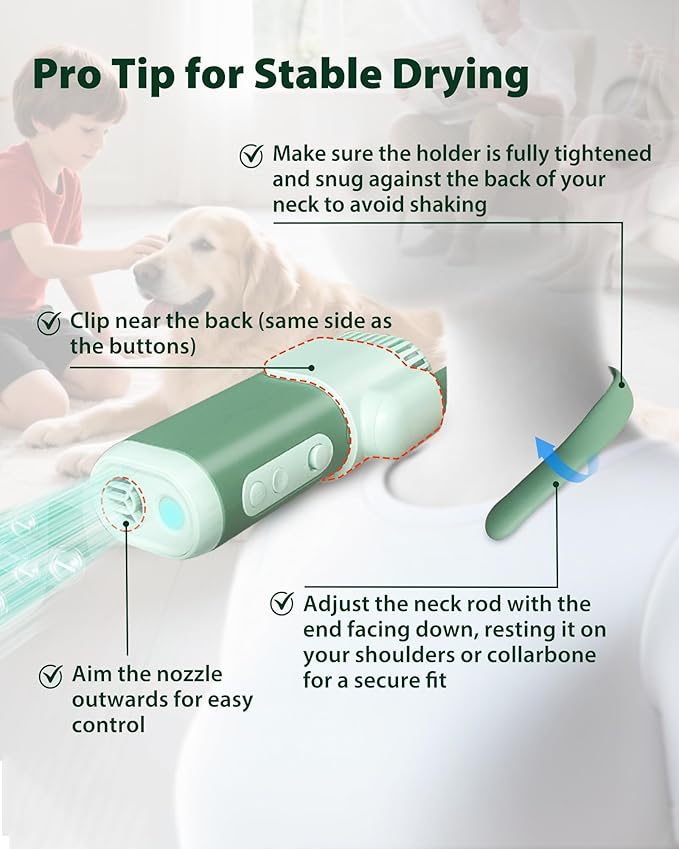 L&amp;W BROS. Hands-Free Dog Dryer – Powerful &amp; Professional Pet Blow Dryer for Small &amp; Medium Dogs &amp; Cats, Adjustable Airflow, Easy Storage, Negative Ion Technology (Green)