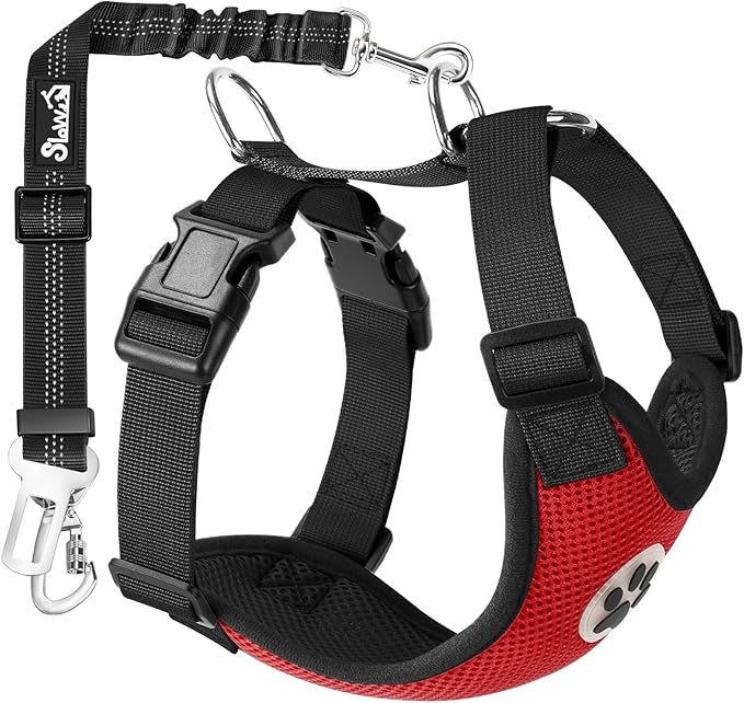 SlowTon Dog Seat Belt Harness for Car, Dog Car Harness Adjustable Mesh Breathable &amp; Dog Seatbelt Safety Tether with Elastic Bungee for Small Medium Large Pets(Red, Double Clip, XXXS)