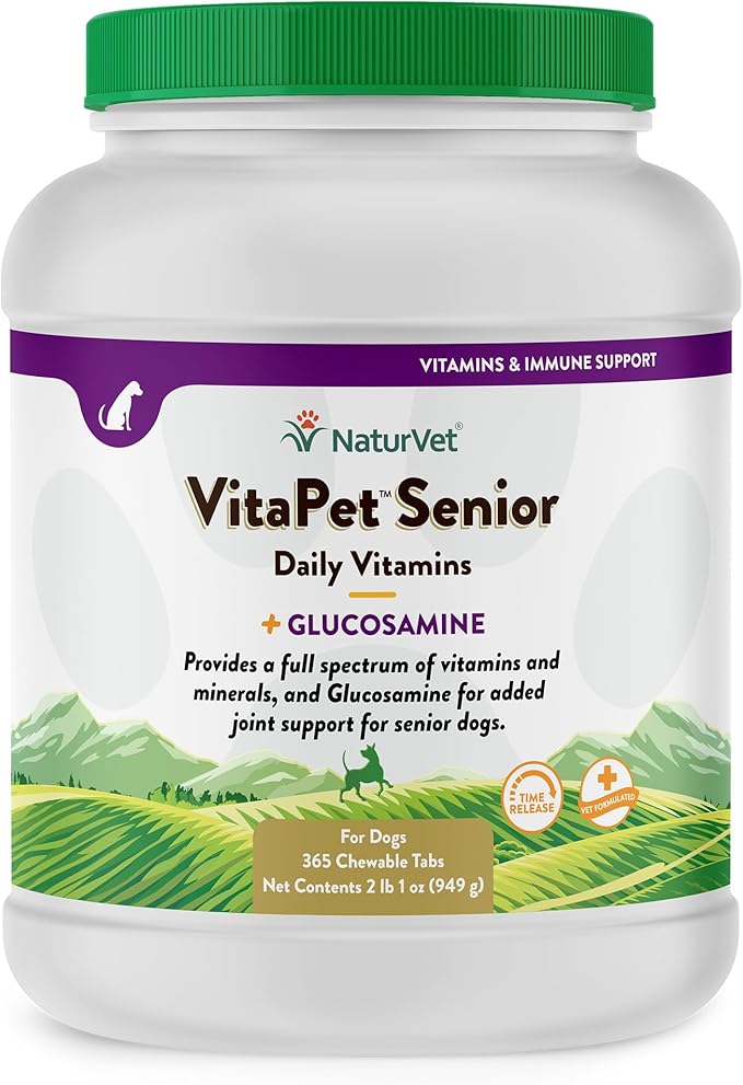 NaturVet –VitaPet Senior Daily Vitamins for Senior Dogs – Plus Glucosamine – Full Spectrum of Vitamins &amp; Minerals – Enhanced with Glucosamine for Added Joint Support – 365 Time Release Tablets