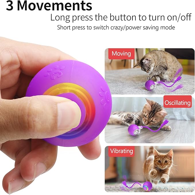 Interactive Cat Toys, Automatic Moving Cat Toys for Bored Indoor Adult Cats, Fast Rolling, Chirping &amp; Motion-Activated Kitty Toys, Fun Gift for Cats with Speedy Tail 2.0, USB Rechargeable, Purple