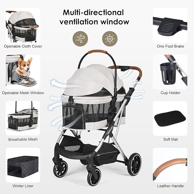 T6 Luxury Pet Stroller for Medium Dogs Up to 66lbs or 2 Small Pets – 3-in-1 Dog &amp; Cat Stroller with Removable Carrier, Foldable &amp; Lightweight (Beige &amp; Net Wall)