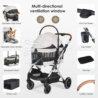 T6 Luxury Pet Stroller for Medium Dogs Up to 66lbs or 2 Small Pets – 3-in-1 Dog &amp; Cat Stroller with Removable Carrier, Foldable &amp; Lightweight (Beige &amp; Net Wall)