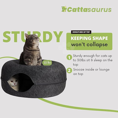 CATTASAURUS Peekaboo Cat Cave for Multiple &amp; Large Cats Up to 30-45 Lbs, Scratch Detachable &amp; Washable Tunnel Bed, Comfy Donut Cat Cave (Dark Gray + Dark Gray, Large)