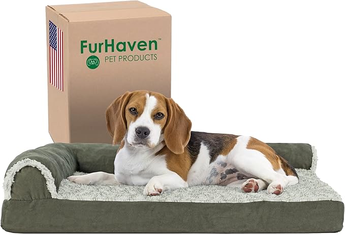 Furhaven Cooling Gel Dog Bed for Medium/Small Dogs w/ Removable Bolsters &amp; Washable Cover, For Dogs Up to 35 lbs - Two-Tone Plush Faux Fur &amp; Suede L Shaped Chaise - Dark Sage, Medium