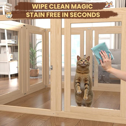 8 Panels Dog Playpen with Door, 23.6" H Pet Playpen Indoor, Clear Acrylic Puppy Playpens, Wooden Puppy Fence with Gate, Transparent Dog Pens, Pet Pen Indoor for Dogs, Cats, Rabbit, Small and Medium