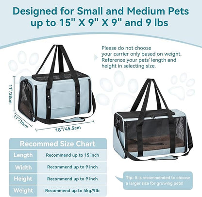 PETSFIT Soft-Sided Cat Carriers &amp; Car Seats with Patent Safe Buckles, Clip-On Harness，18"x11"x11" Airline Approved Pet Carrier - 9 lbs Capacity (Cyan Blue)