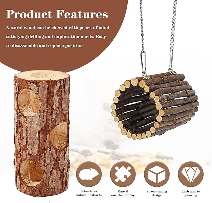 Natural Wooden Hamster Tunnels &amp; Hideouts – Chew-Safe Birch Trunk Tubes for Dwarf Hamsters, Gerbils, Mice – Cage Accessories, Exercise Toy, Forest-Themed Small Pet Habitat