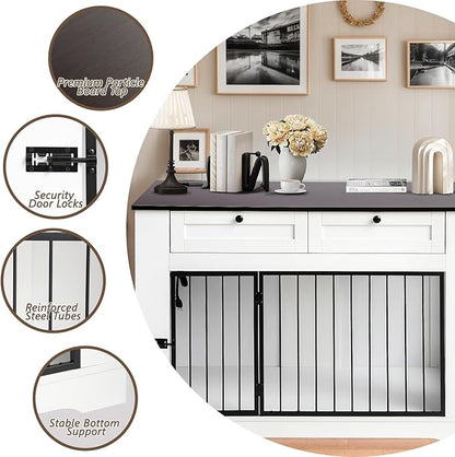 Large Dog Crate Furniture-Decorative Heavy Duty Dog Cage Indoor, Wooden Dog Cage End Table with Charging Station, Dog House with 2 Drawers (White, 47.2&