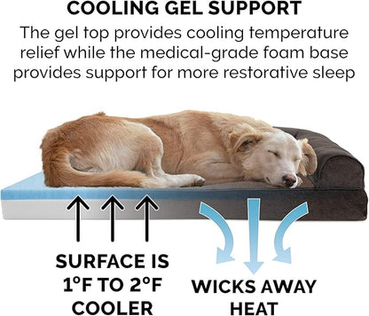 Furhaven Cooling Gel Dog Bed for Large Dogs w/ Removable Bolsters &amp; Washable Cover, For Dogs Up to 95 lbs - Sherpa &amp; Chenille Sofa - Coffee, Jumbo/XL
