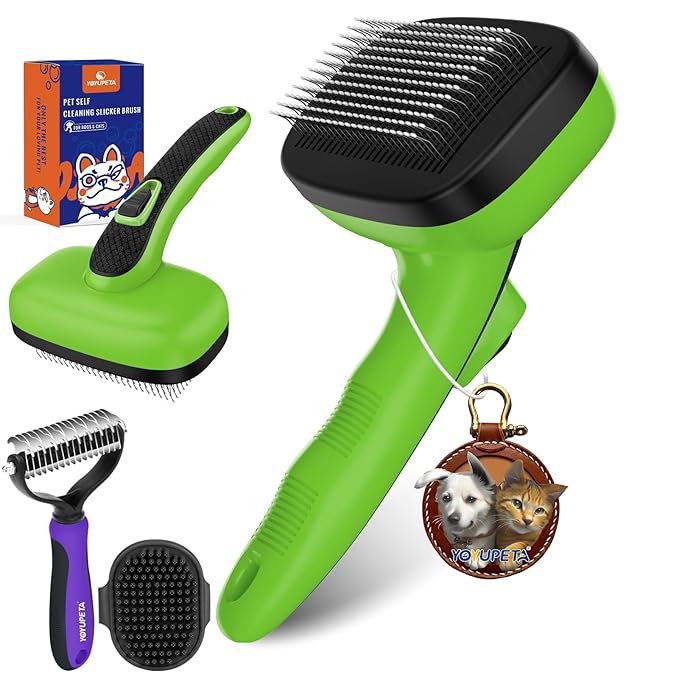 Dog Brush Kit - Self-Cleaning Slicker Brush with Bath Brush &amp; Undercoat Rake | Deshedding Tools for Large - Small Dogs &amp; Cats, Professional 3-in-1 Pet Grooming Set for Heavy Shedding, Green