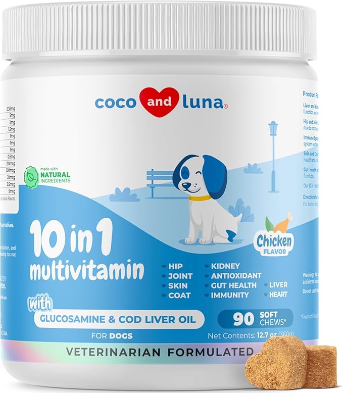 10 in 1 Multivitamin for Dogs - Glucosamine Chondroitin for Joint Support + Digestive Enzymes &amp; Probiotics - Cod Liver Oil &amp; Vitamins with Coq10 for Skin &amp; Heart Health, Gut &amp; Immune Support