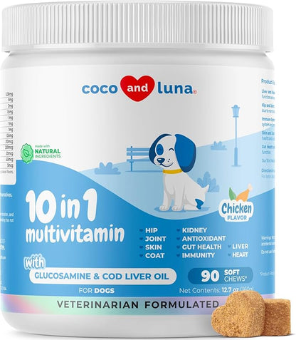10 in 1 Multivitamin for Dogs - Glucosamine Chondroitin for Joint Support + Digestive Enzymes &amp; Probiotics - Cod Liver Oil &amp; Vitamins with Coq10 for Skin &amp; Heart Health, Gut &amp; Immune Support