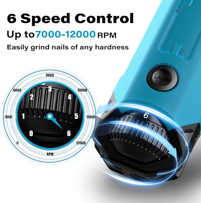 Casfuy 6-Speed Dog Nail Grinder - Newest Enhanced Pet Nail Grinder Super Quiet Rechargeable Electric Dog Nail Trimmer Painless Paws Grooming &amp; Smoothing Tool for Large Medium Small Dogs (Bright Blue)