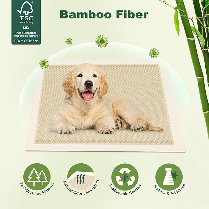 MIZOK Puppy Pads Small 22x22 Pee Pads for Dogs Bamboo Odor Eliminating &amp; 6-Layer Absorbent Leak-Proof Dog Pee Pads Potty Training with Adhesive Tabs, Disposable (100 Counts)