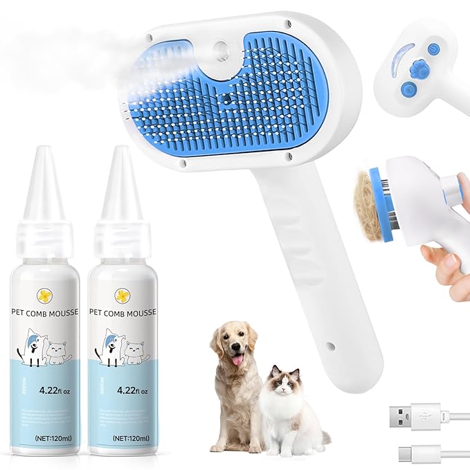 Pet Steam Brush for Dog &amp; Cat - 3-in-1 Steam Grooming Brush for Shedding &amp; Hair Removal - Self Cleaning Spray Comb with Mist for Long Haired Pets - Includes 2*Waterless Shampoo, Blue