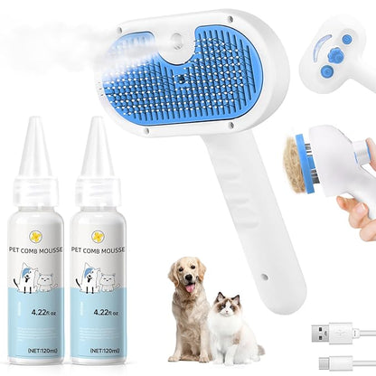 Pet Steam Brush for Dog &amp; Cat - 3-in-1 Steam Grooming Brush for Shedding &amp; Hair Removal - Self Cleaning Spray Comb with Mist for Long Haired Pets - Includes 2*Waterless Shampoo, Blue