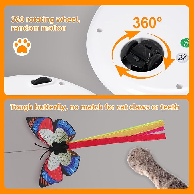 Cat Toy 3in1 Automatic Interactive Wand Toy for Indoor Cats,Moving Butterfly&amp;Glowing Feathers Speedy Tail,Rechargeable Cat Enrichment Toys for Kittens