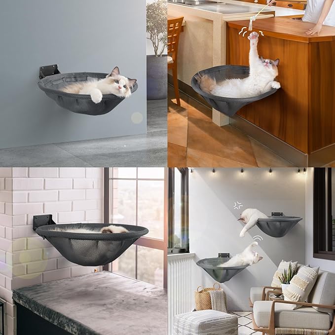 Cat Hammock Wall Mounted, Foldable &amp; Stable Cat Beds- Breathable Cat Wall Shelves for Sleeping, Playing, Climbing, and Lounging - Maximum Hold Up to 30lb (Gray)