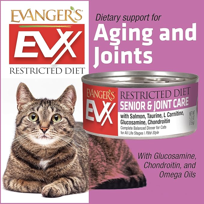 Evanger’s EVX Restricted Diet Senior and Joint Health Canned Cat Food – 24 Count, 5.5 oz Cans Each – Salmon with Taurine, L Carnitine, Glucosamine &amp; Chondroitin – Grain Free Pâté Style
