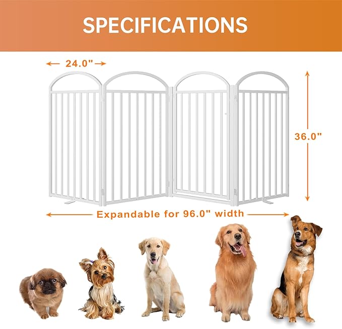 4 Panles Full Matel Freestanding Dog Gates with Door, 96"Extra Wide 36"Tall Free Standing Dog Pet Gate for Indoor &amp; Outdoor. Foldable Pet Fences for Doorways, House, Stairs, Porch, Deck, Yard