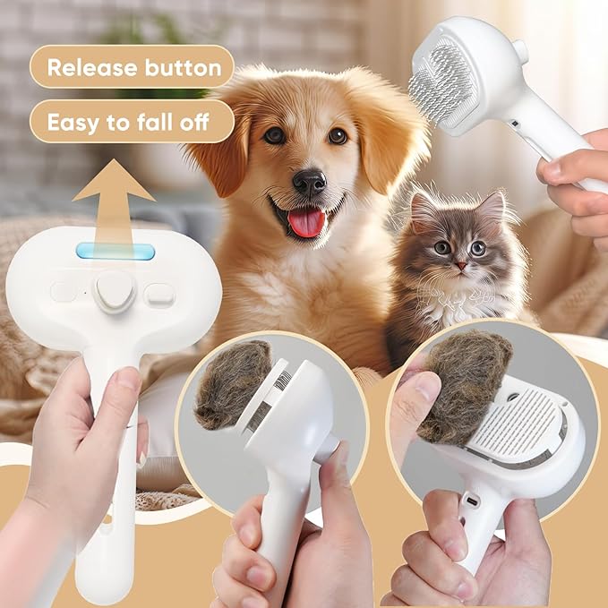 3-in-1 Cat Steam Brush – Pet Grooming &amp; Shedding Comb with Gentle Steam Spray, One-Click Hair Release, for Long &amp; Short Hair Cats &amp; Dogs (White)