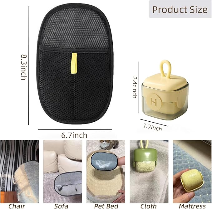 Pet Hair Removal Glove for Cats Dogs, Reusable Electrostatic Gloves Pet Hair Remover Mitt Easy Scrape Pet Hair from Cloth, Rugs, Cat Bed, Car Trunk(1 PC Glove &amp;1 PC Lint Roller)