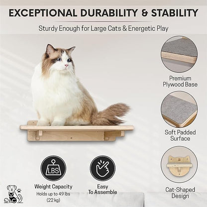 Snuggle &amp; Play Cat Wall Shelves with Suction Cup Wand – 3 Mounted Steps, Climbing Wall Shelves and Furniture with Cat Wand