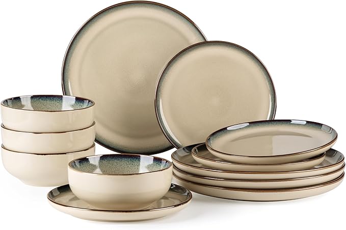 GBHOME Ceramic Dinnerware Sets for 4, 12 Pieces Stoneware Plates and Bowls Sets, Scratch Resistant Dishes, Dishwasher &amp; Microwave Safe, Reactive Glaze-Gravel