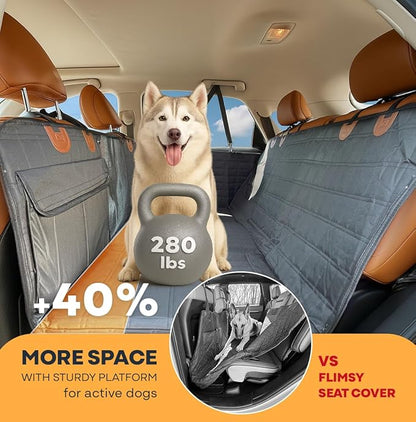 APetsPlanet Dog Car Seat Cover for Back Seat Hard Bottom - Waterproof Backseat Extender for Dogs - Pet Hammock for Car, Truck, SUV - Protector Bed with Mesh Window &amp; Storage - Black, with Door Covers