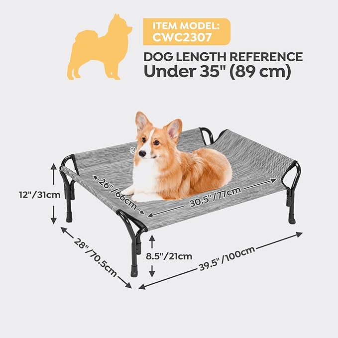 Veehoo Cooling Elevated Dog Bed, Raised Pet Cot with Guardrail &amp; Slope Headrest, Durable Breathable Teslin Mesh, Non-Slip Feet, Washable Dog Couch Bed for Indoor &amp; Outdoor, 39.5" x 28", Black Silver