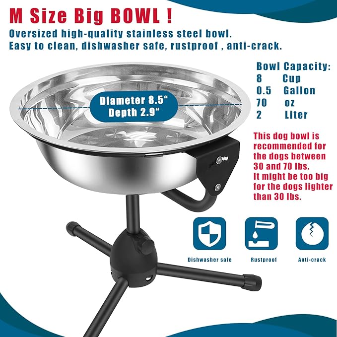 Elevated Dog Bowl with Adjustable Metal Stand, Medium Size for Dogs 30-70 lbs, 0.5 Gal 2 Liter, Stainless Steel Food &amp; Water Bowl Set