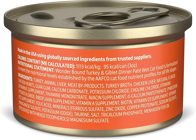 Amazon Brand - Wonder Bound Canned Wet Cat Food (Turkey &amp; Giblet Dinner Paté), No Artificial Flavors, Adult Recipe, 3 Ounce (Pack of 24)