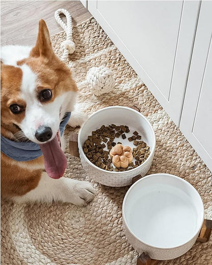 LE TAUCI Ceramic Dog Bowls with Acacia Wood Stand - 7 Inch Food &amp; Water Set for Medium-Large Dogs - Weighted Pet Bowls