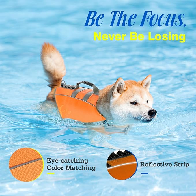 Pawaboo Dog Life Jacket, Reflective Dog Safety Vest Adjustable Pet Life Preserver with Strong Buoyancy &amp; Sturdy Rescue Handle, Ripstop Dog Lifesaver Vests for Swimming, Boating, L, Orange
