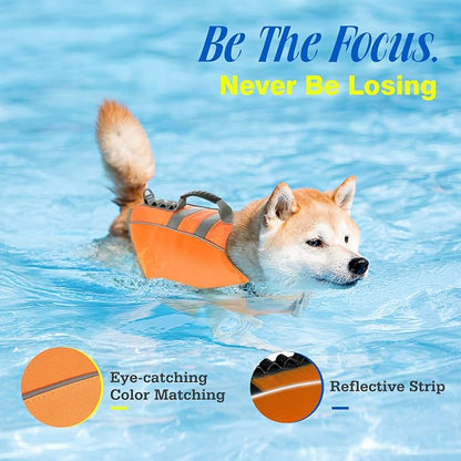Pawaboo Dog Life Jacket, Reflective Dog Safety Vest Adjustable Pet Life Preserver with Strong Buoyancy &amp; Sturdy Rescue Handle, Ripstop Dog Lifesaver Vests for Swimming, Boating, L, Orange