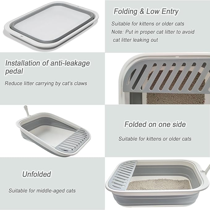 Collapsible Small Cat Litter Box,Kitten Open Potty Pan with Scoop Cat Toilet with Falling Sand Pedal Low Entrance Foldable Kittens Travel Litter Box Blue