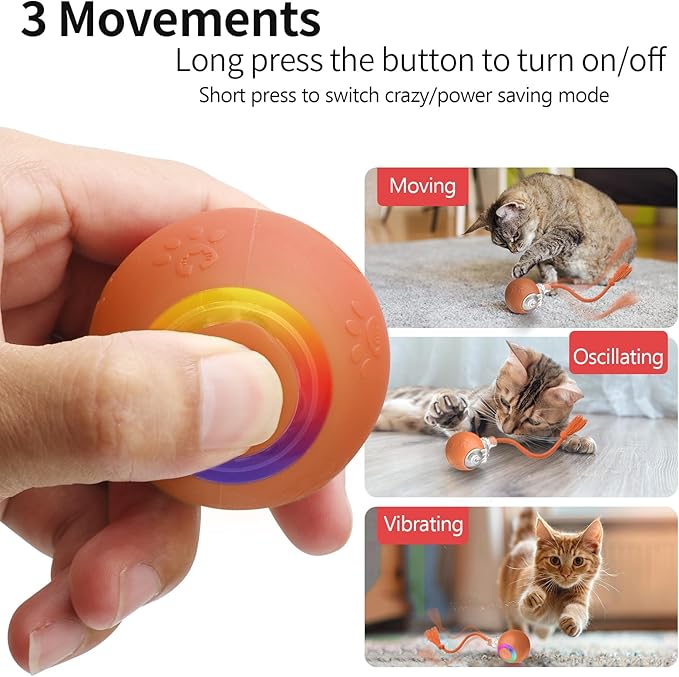 Interactive Cat Toys, Automatic Moving Cat Toys for Bored Indoor Adult Cats, Fast Rolling, Chirping &amp; Motion-Activated Kitty Toys, Fun Gift for Cats with Speedy Tail 2.0, USB Rechargeable, Orange