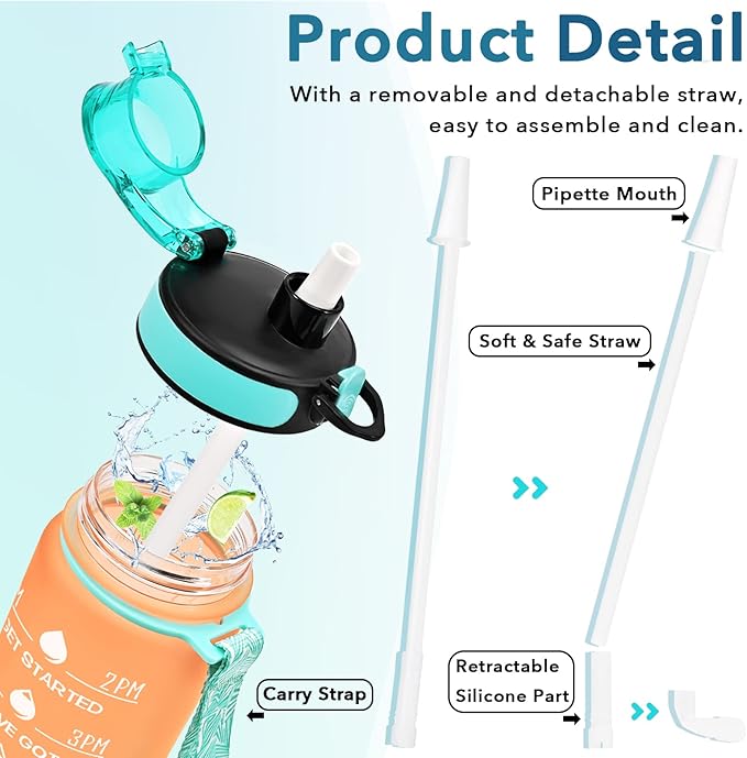 Enerbone Water Bottle, Leakproof BPA &amp; Toxic Free, Motivational Water Bottle with Times to Drink and Straw, Fitness Sports Water Bottle with Strap for Office, Gym, Outdoor Sports