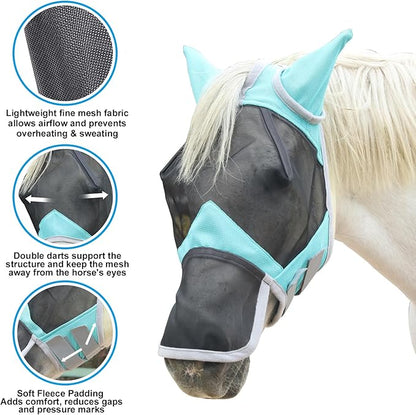 Horse Fly Mask with Ears &amp; Long Nose Cover | Forelock Opening for Tangle-Free Mane Care | UV Protection &amp; Breathable Mesh | No Rub Fit and Enhanced Visbility for Trail Riding Turquoise Cob