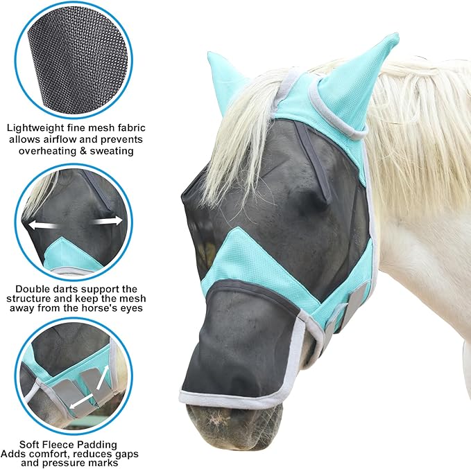 Horse Fly Mask with Ears &amp; Long Nose Cover | Forelock Opening for Tangle-Free Mane Care | UV Protection &amp; Breathable Mesh | No Rub Fit and Enhanced Visbility for Trail Riding Turquoise Full