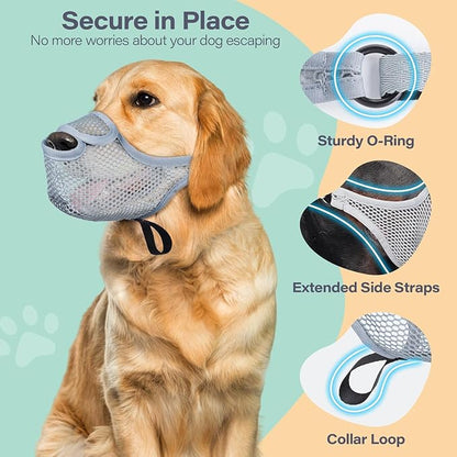 LUCKYPAW Dog Muzzle for Large Medium Small Dogs, Patented Mesh Muzzle to Prevent Biting Chewing Eating, Soft Mouth Guard with Front Opening Design for Drinking Panting(Grey, XXL)