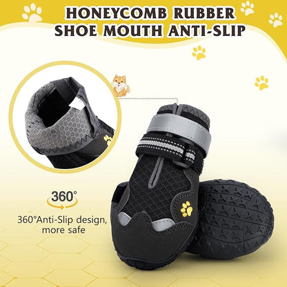 Dog Shoes, FISHOAKY Dog Shoes for Large Dogs, Mesh Breathable Dog Boots &amp; Paw Protectors for Summer Hot Pavement Winter Snowy, 360°Anti Slip 4Pcs Dog Booties with Reflective Black (Size 8)