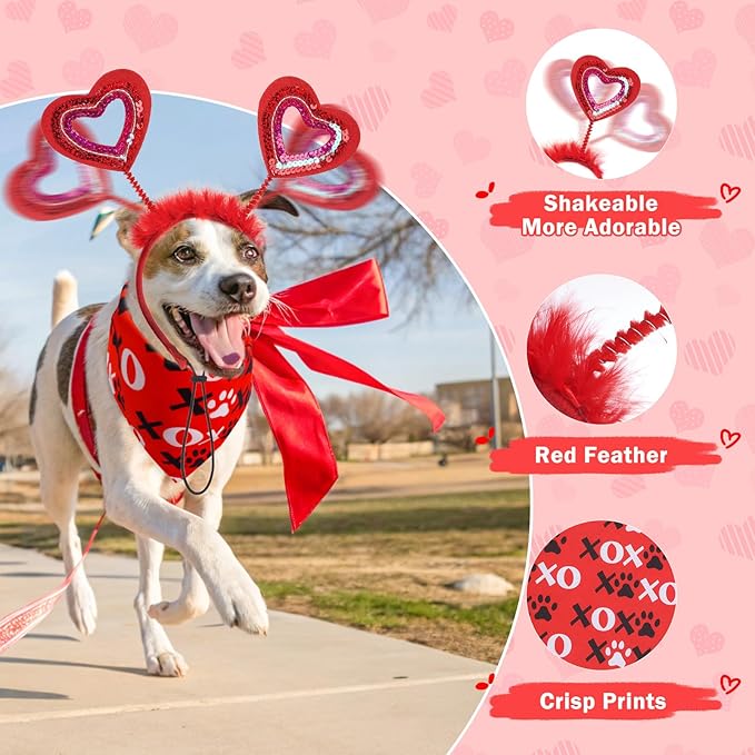 SCENEREAL Dog Outfit/Birthday Bandana with Feather Wing &amp; Heart Headband Dogs Girls Set, Red Puppy Kitty Party Supplies for Small Medium Dogs Cats, Pet Costumes