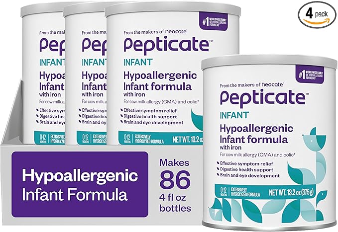 Pepticate Baby Formula, Hypoallergenic Powdered Infant Formula for Cow Milk Allergy, with Omega 3 DHA, ARA, Iron &amp; Prebiotics, 13.2oz (Pack of 4)
